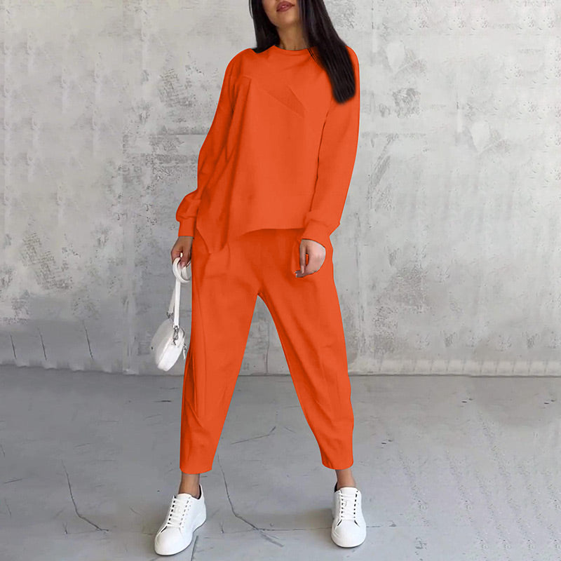 💕Conjunto de sudadera de manga larga con bajo irregular y pantalones para mujer